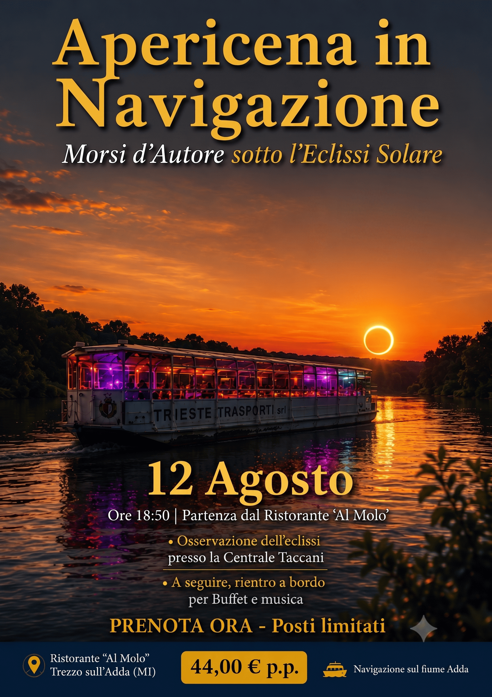 12 agosto -  Eclissi e navigazione con apericena sull'Adda